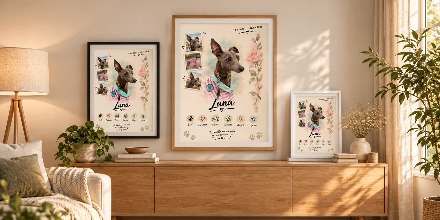 Tres retratos personalizados de mascota enmarcados en negro, madera natural y blanco sobre un aparador en un salón luminoso
