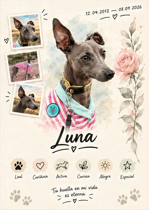 Retrato personalizado de Luna en estilo Rosa con nombre, fechas y rasgos