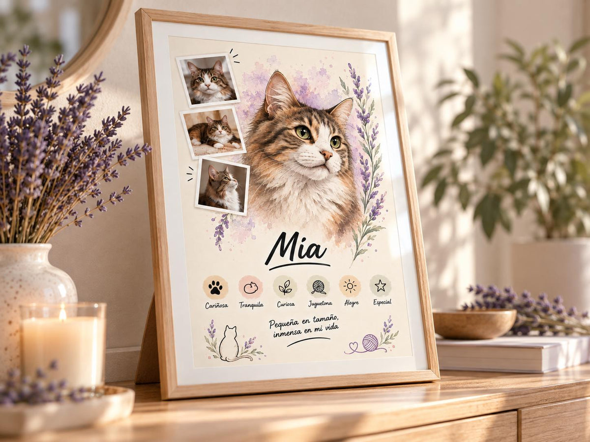 Detalle del retrato de mascota estilo Lavanda en marco de madera natural