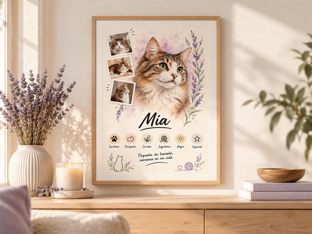 Retrato personalizado de gato estilo Lavanda enmarcado sobre un aparador con lavanda