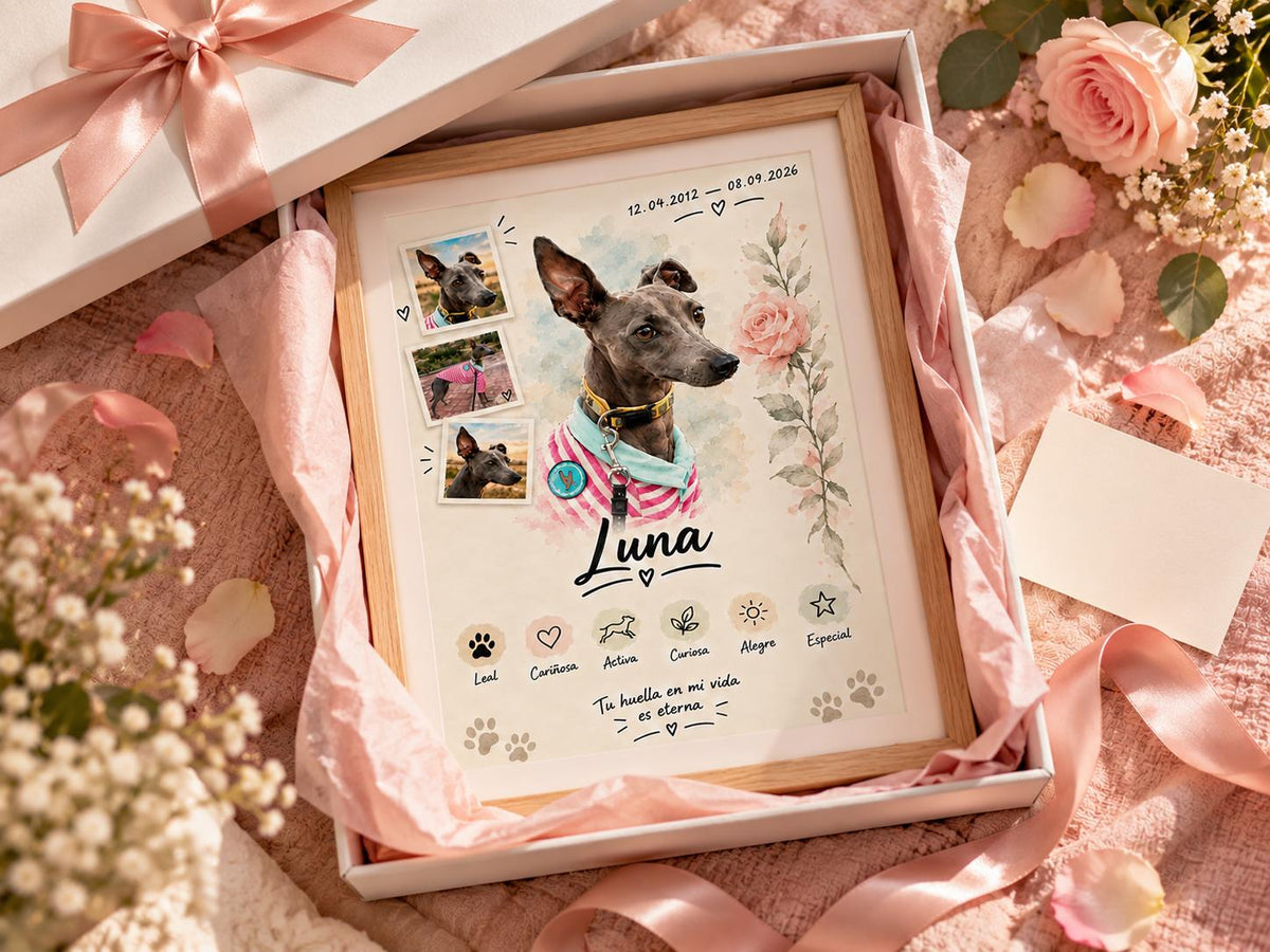 Retrato de mascota estilo Rosa en caja de regalo con papel de seda