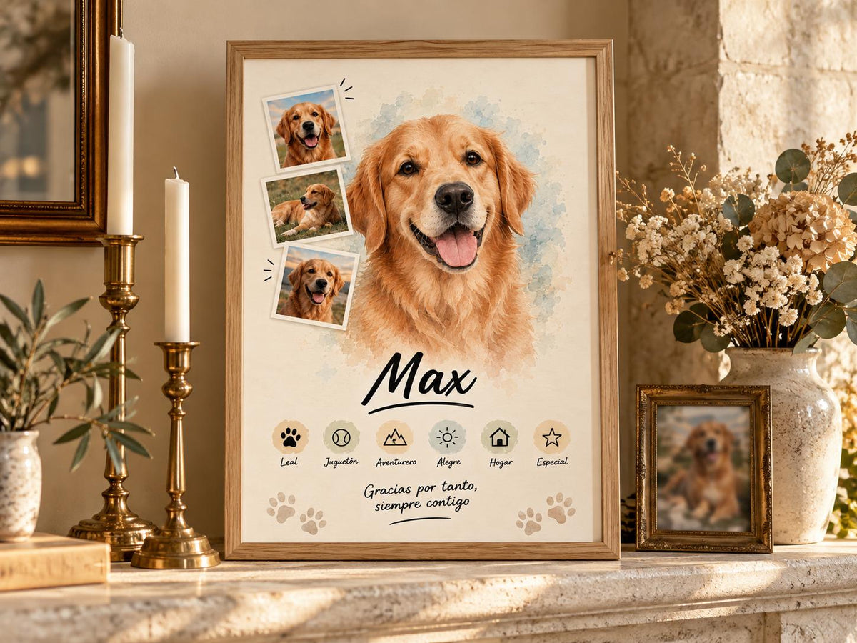 Retrato personalizado de perro estilo Clásico enmarcado sobre la repisa de una chimenea