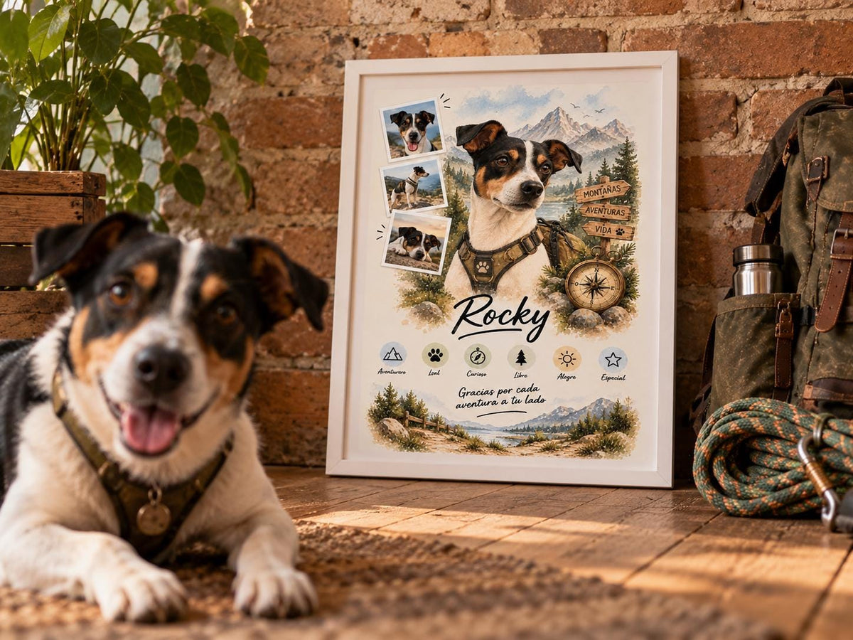 Perro junto a su retrato personalizado estilo Aventurero