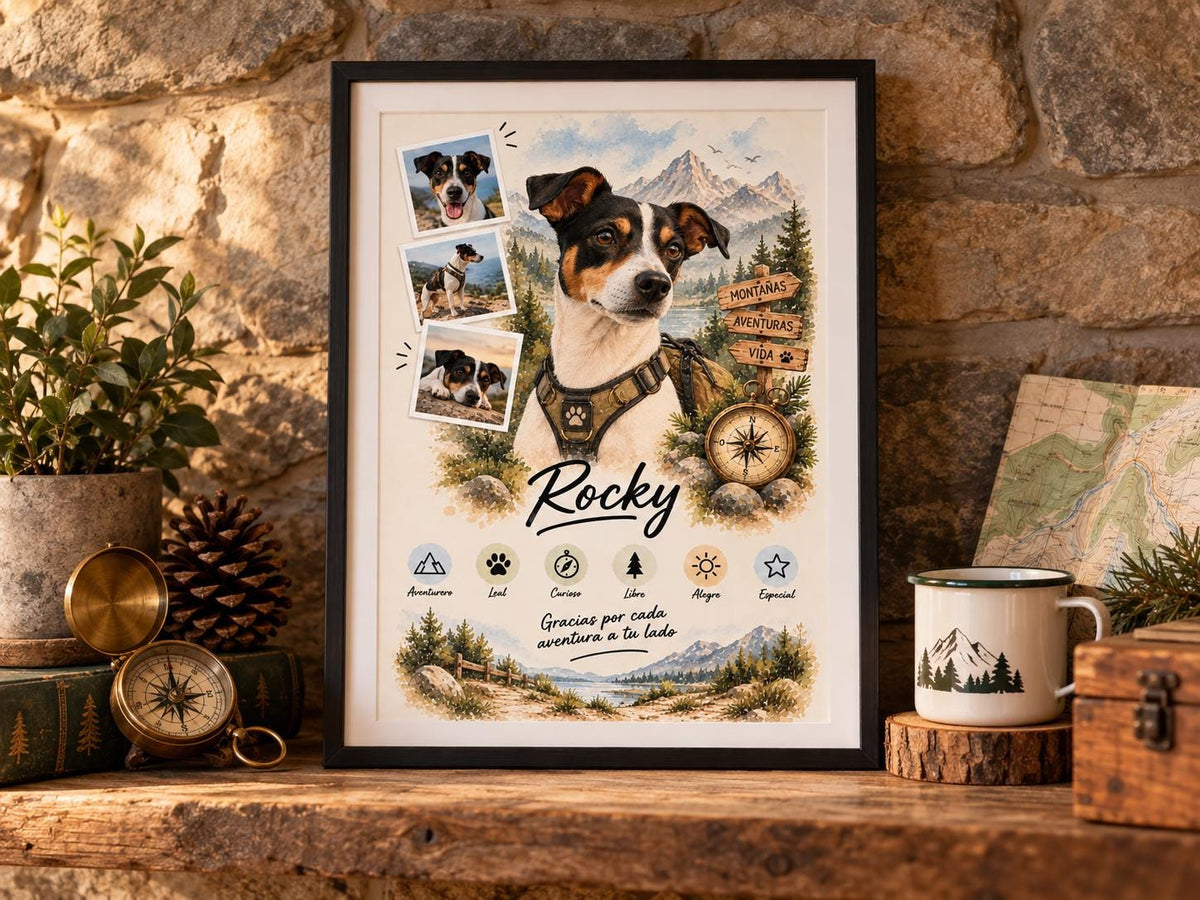 Retrato personalizado de perro estilo Aventurero con marco negro en una estantería de piedra