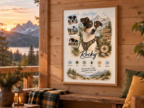 Retrato de perro estilo Aventurero en una cabaña con vistas a la montaña