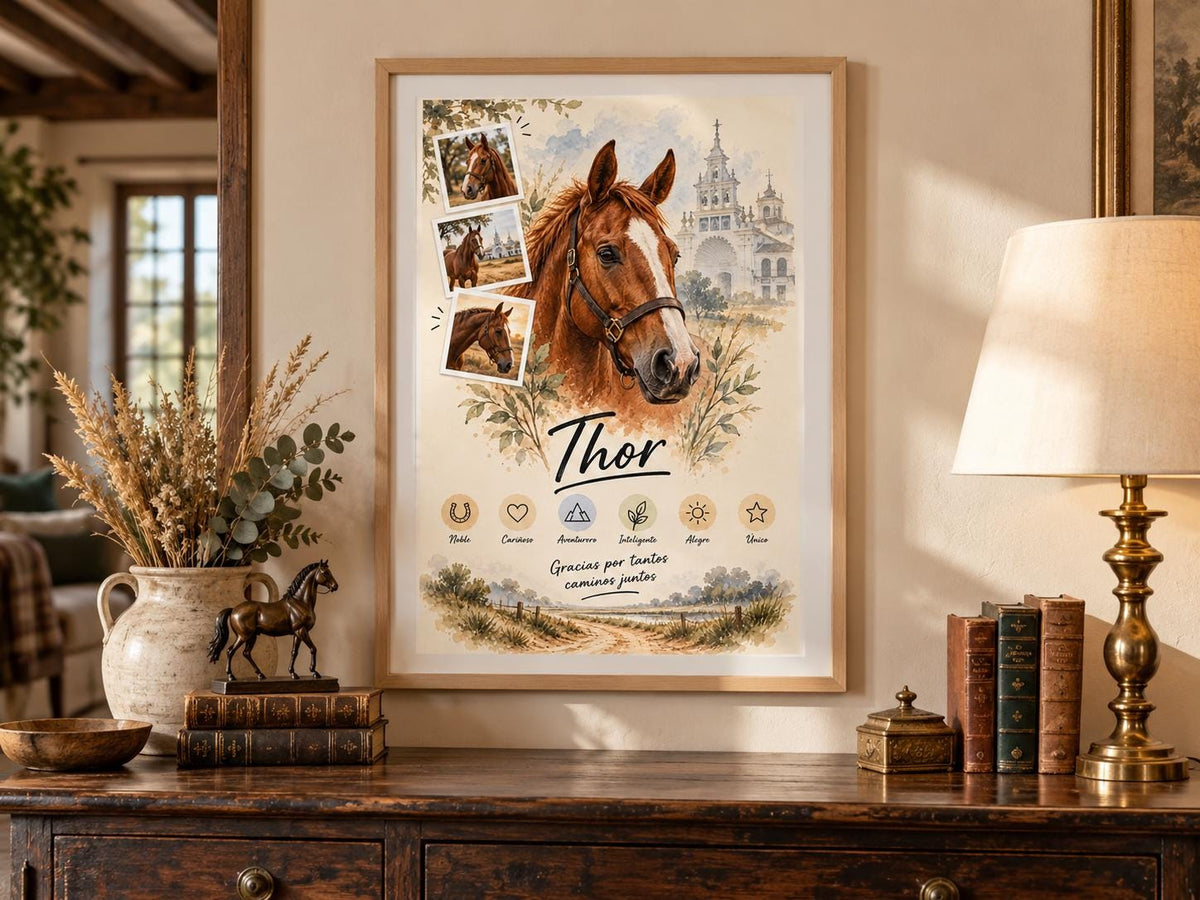 Retrato personalizado de caballo enmarcado en el salón de una casa de campo