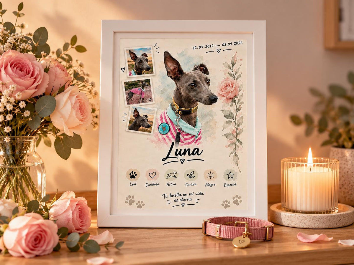 Rincón memorial con retrato de mascota estilo Rosa, vela y collar