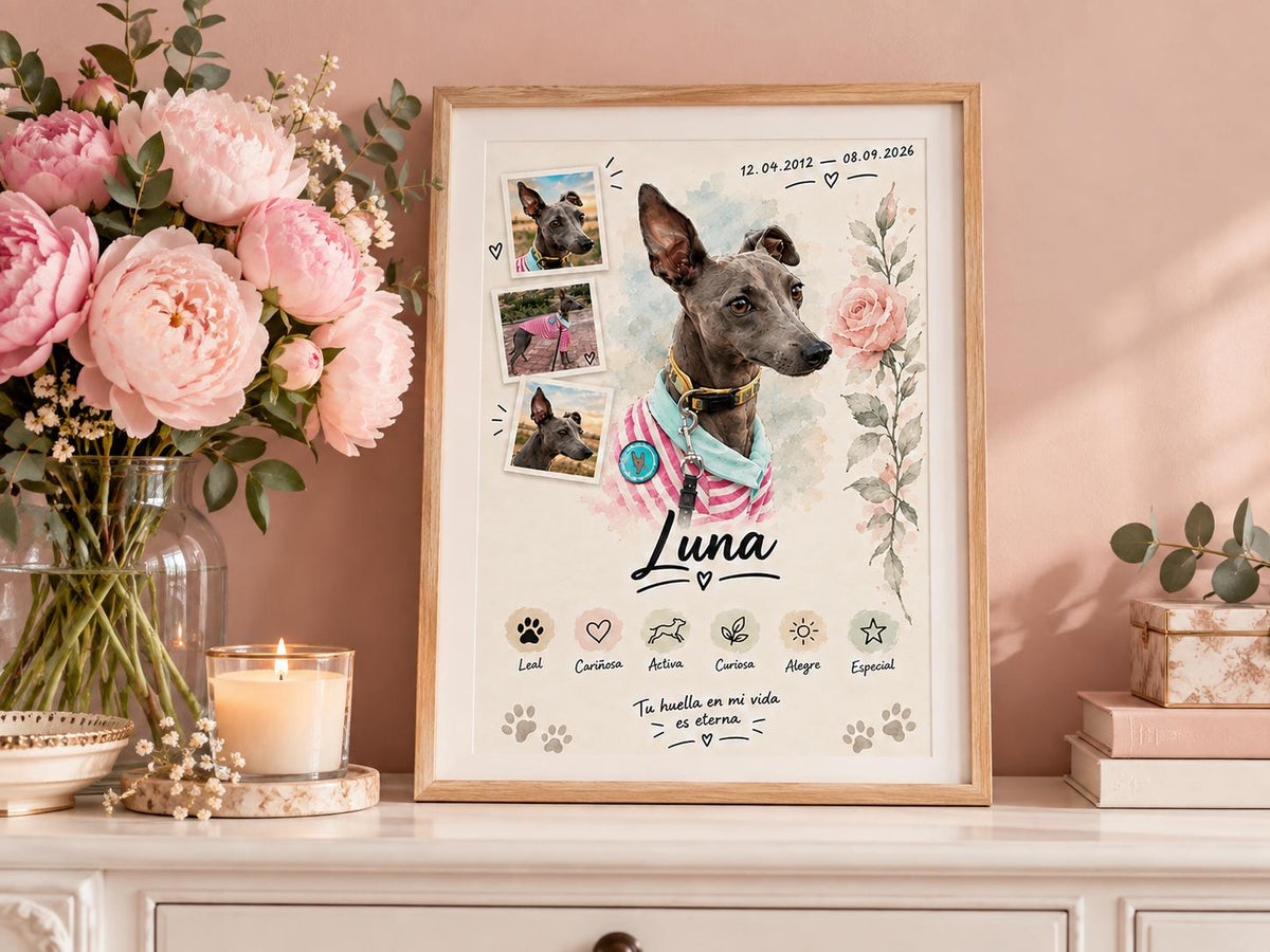 Retrato memorial personalizado de perro estilo Rosa sobre una cómoda con peonías