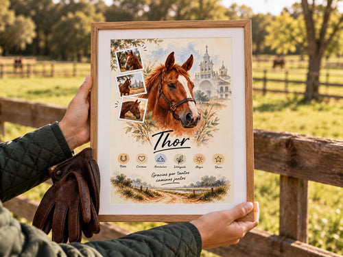 Manos sosteniendo el retrato de caballo junto a la valla de un prado