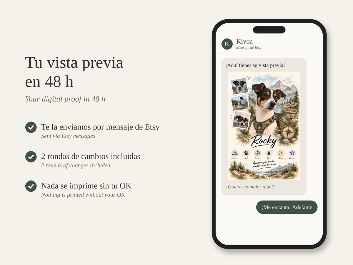 Vista previa digital del retrato en 48 h por mensaje, con 2 rondas de cambios y nada se imprime sin tu aprobación