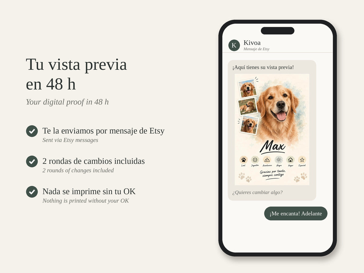 Vista previa digital del retrato en 48 h por mensaje, con 2 rondas de cambios y nada se imprime sin tu aprobación