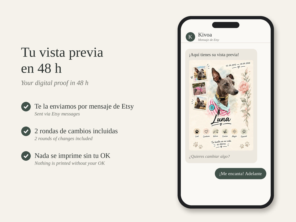 Vista previa digital del retrato en 48 h por mensaje, con 2 rondas de cambios y nada se imprime sin tu aprobación